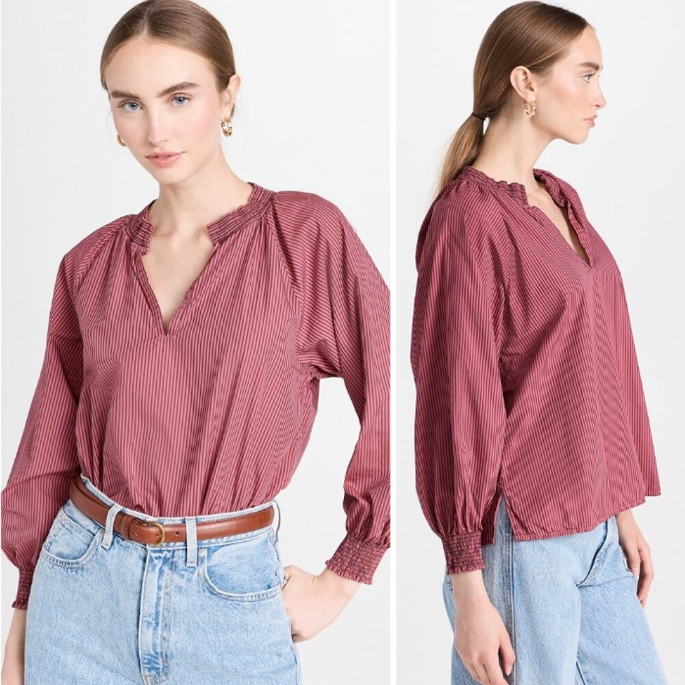 NATION LTD Estelle Peasant Blouse Smocked Balloon Sleeve Burlesque Size XS